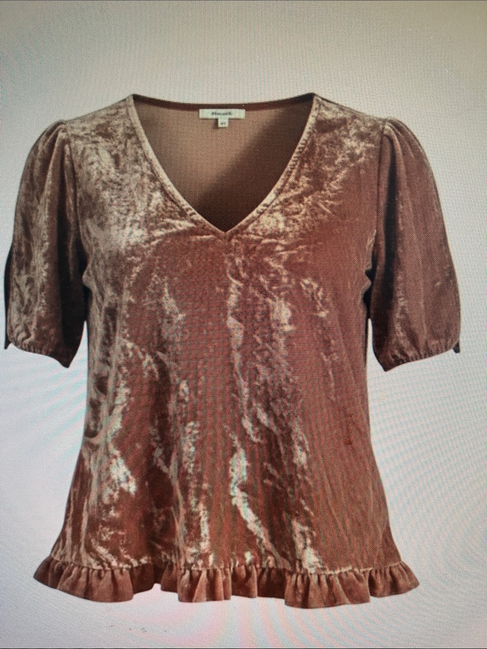 Velvet V-Neck Ruffle Hem Top - Brown